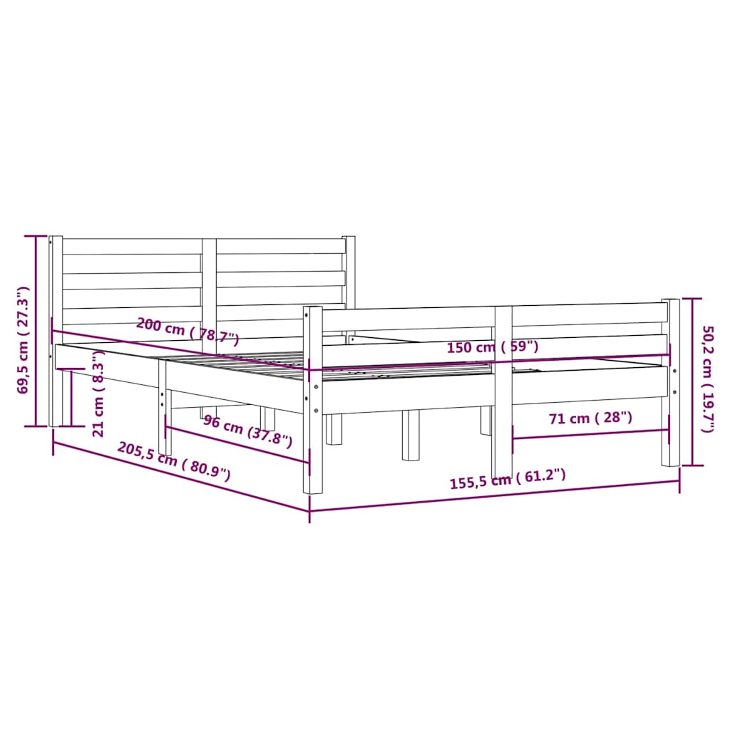 Okvir za krevet od masivnog drva 150 x 200 cm veliki bračni