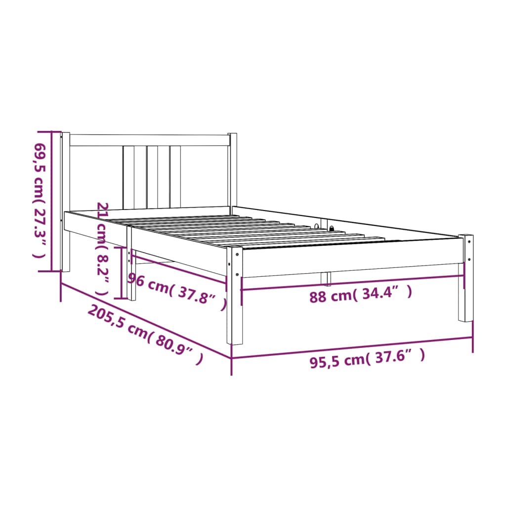 Okvir za krevet od masivnog drva bijeli 90 x 200 cm