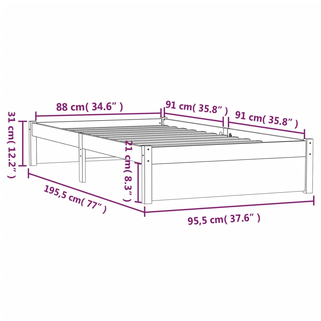 Okvir za krevet crni od masivnog drva 90 x 190 cm mali