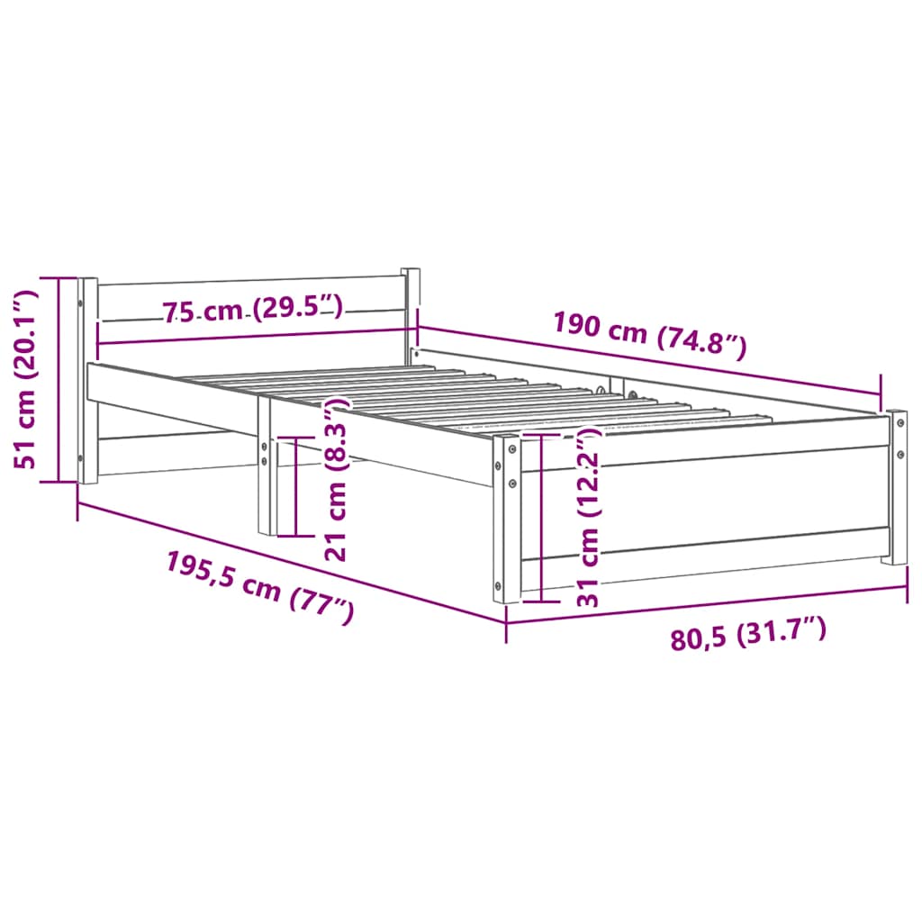 Okvir za krevet od masivnog drva sivi 75 x 190 cm mali