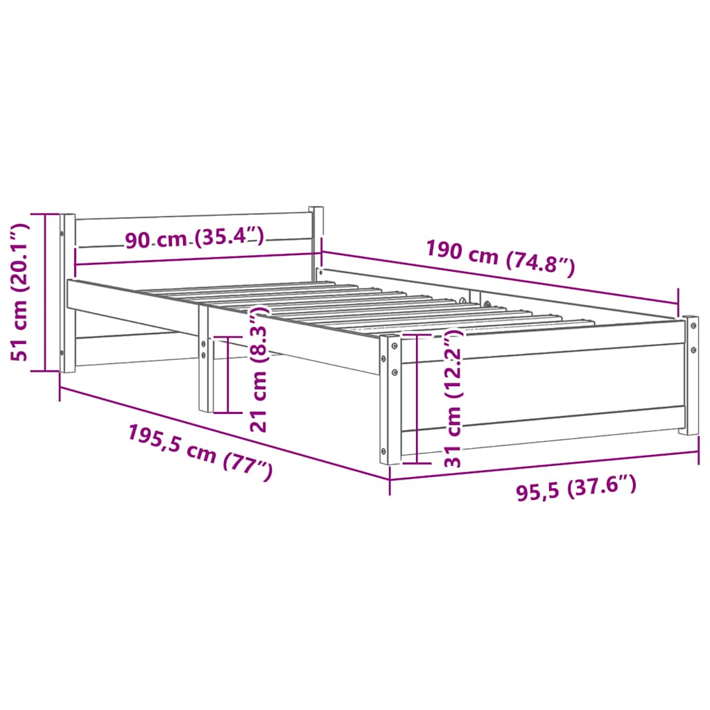 Okvir za krevet bijeli od masivnog drva 90 x 190 cm mali