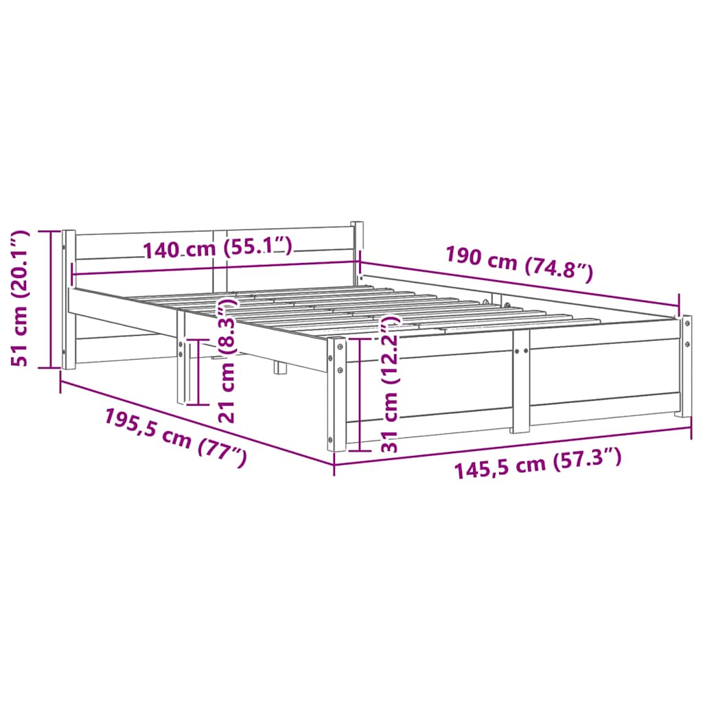Okvir za krevet od masivnog drva bijeli 140 x 190 cm