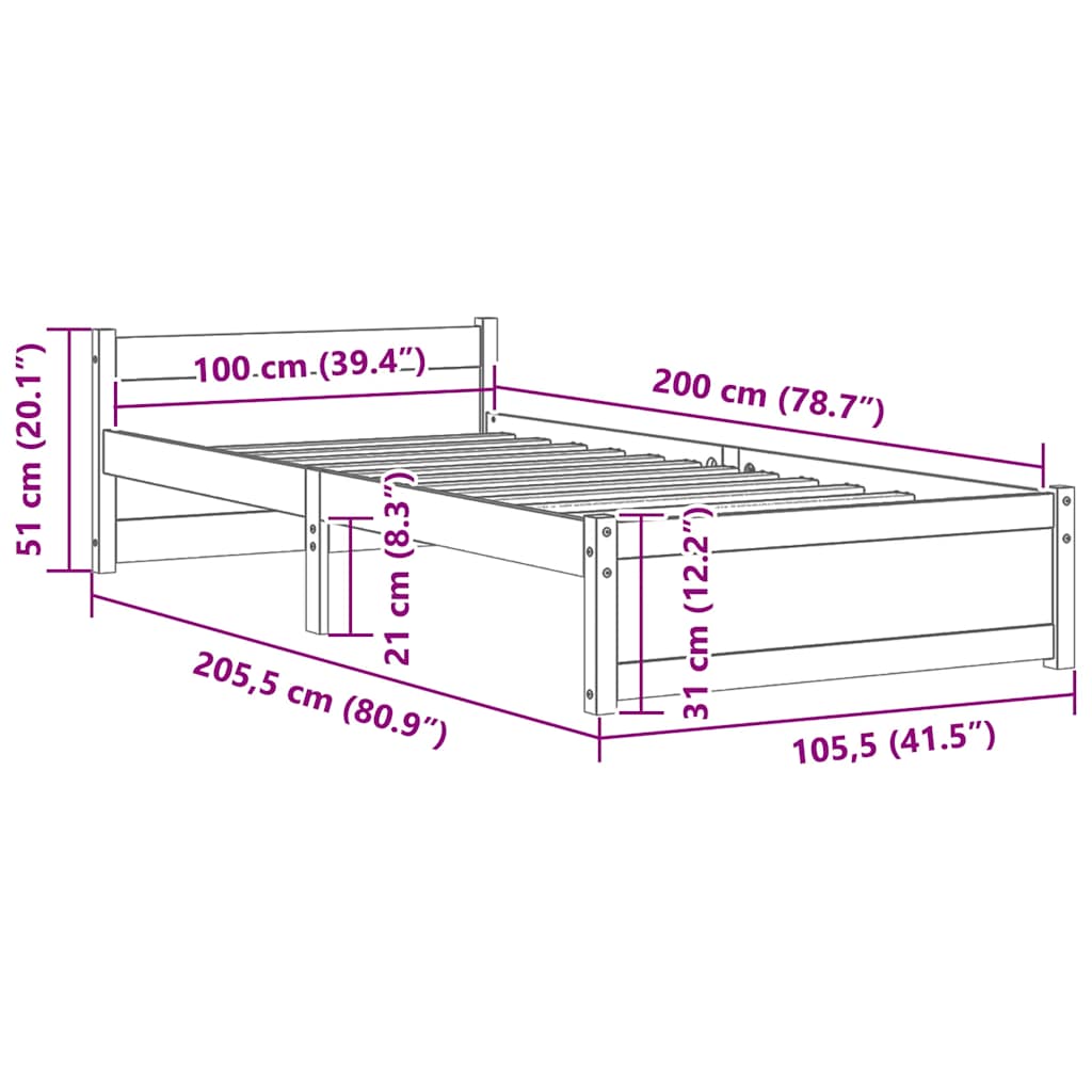 Okvir za krevet od masivnog drva 100 x 200 cm