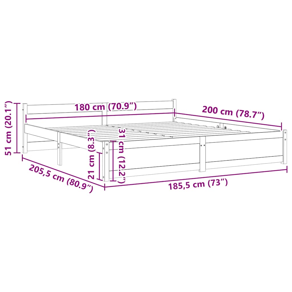 Okvir za krevet od masivnog drva bijeli 180 x 200 cm veliki