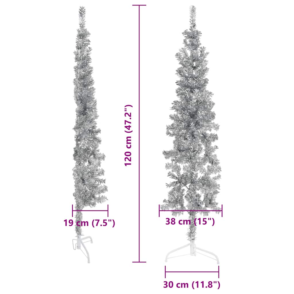 Tanka umjetna polovica božićnog drvca sa stalkom srebrna 120 cm