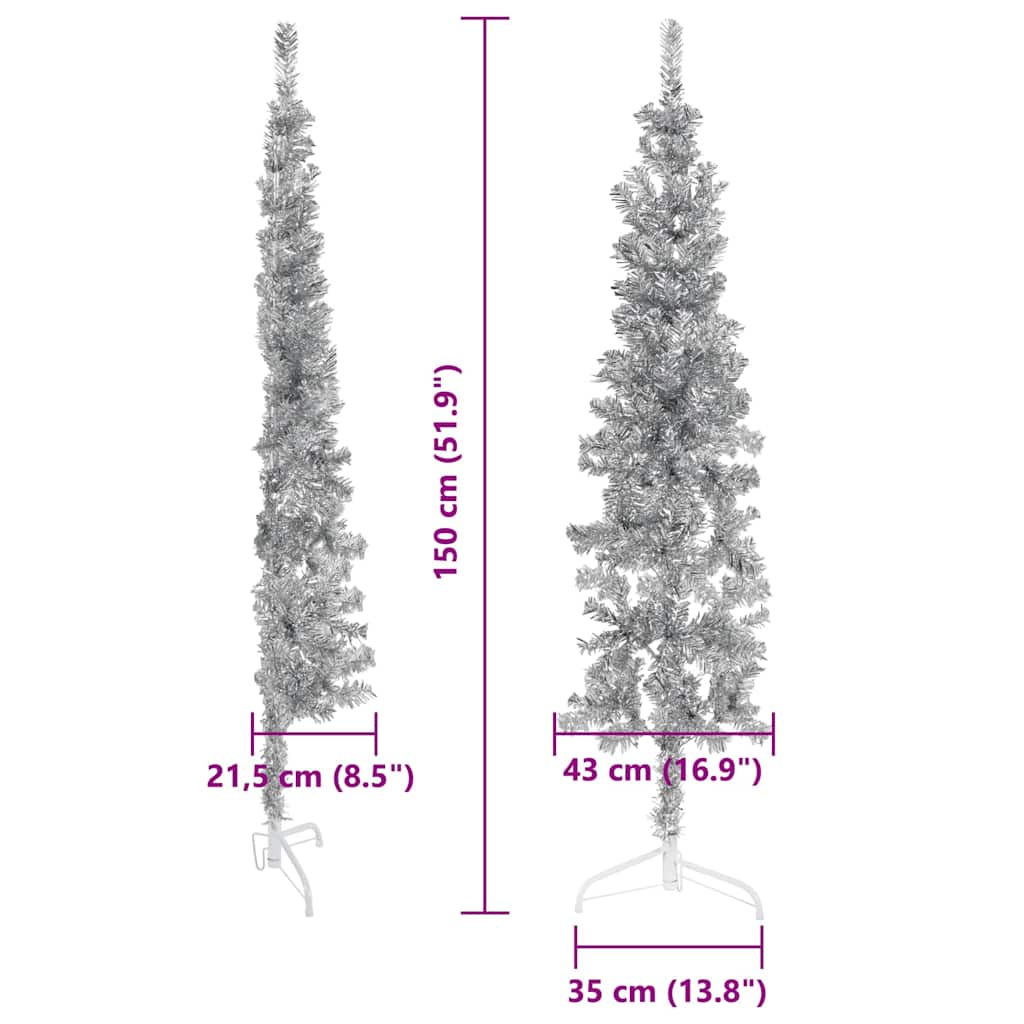 Tanka umjetna polovica božićnog drvca sa stalkom srebrna 150 cm