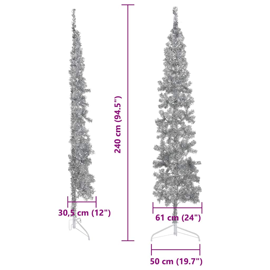 Tanka umjetna polovica božićnog drvca sa stalkom srebrna 240 cm