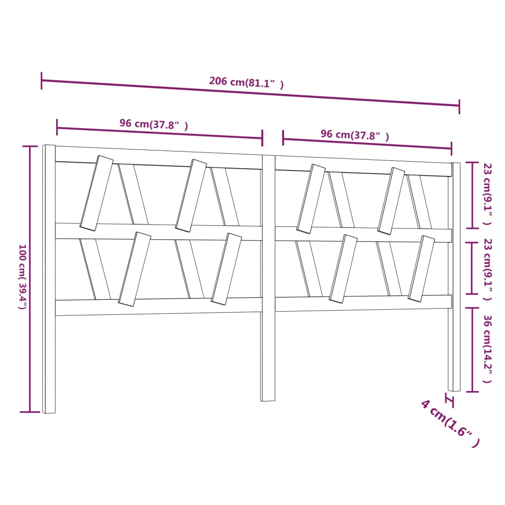 Uzglavlje za krevet crno 206 x 4 x 100 cm od masivne borovine