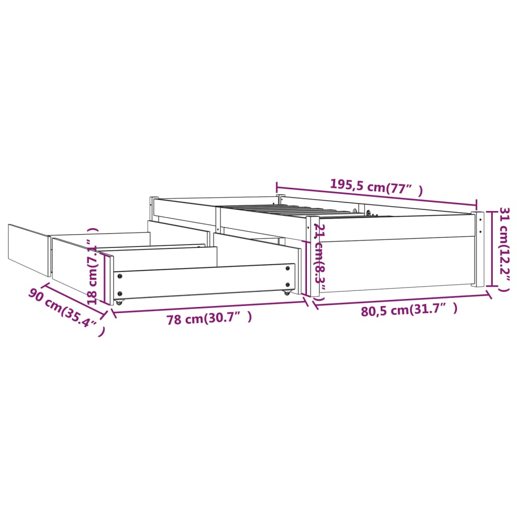 Okvir za krevet s ladicama 75 x 190 cm jednokrevetni