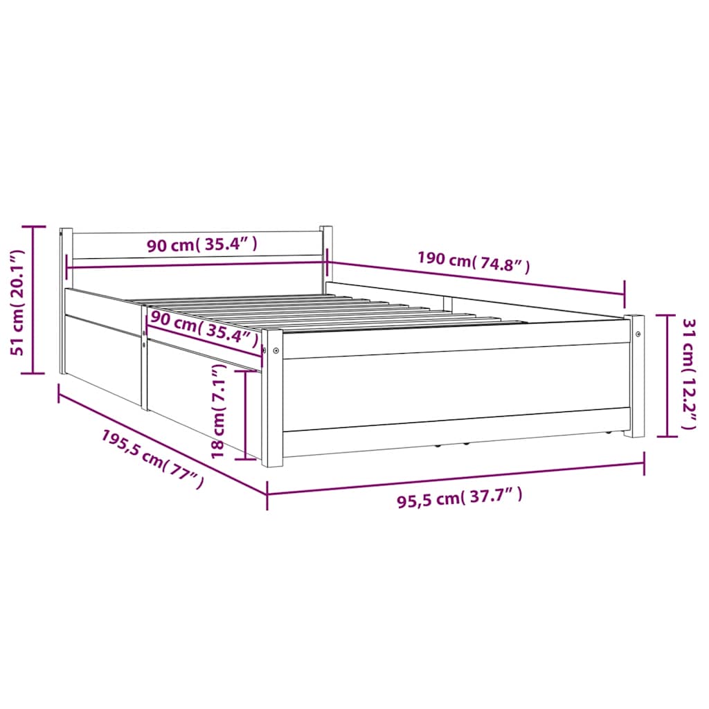 Okvir za krevet s ladicama bijeli 90 x 190 cm jednokrevetni