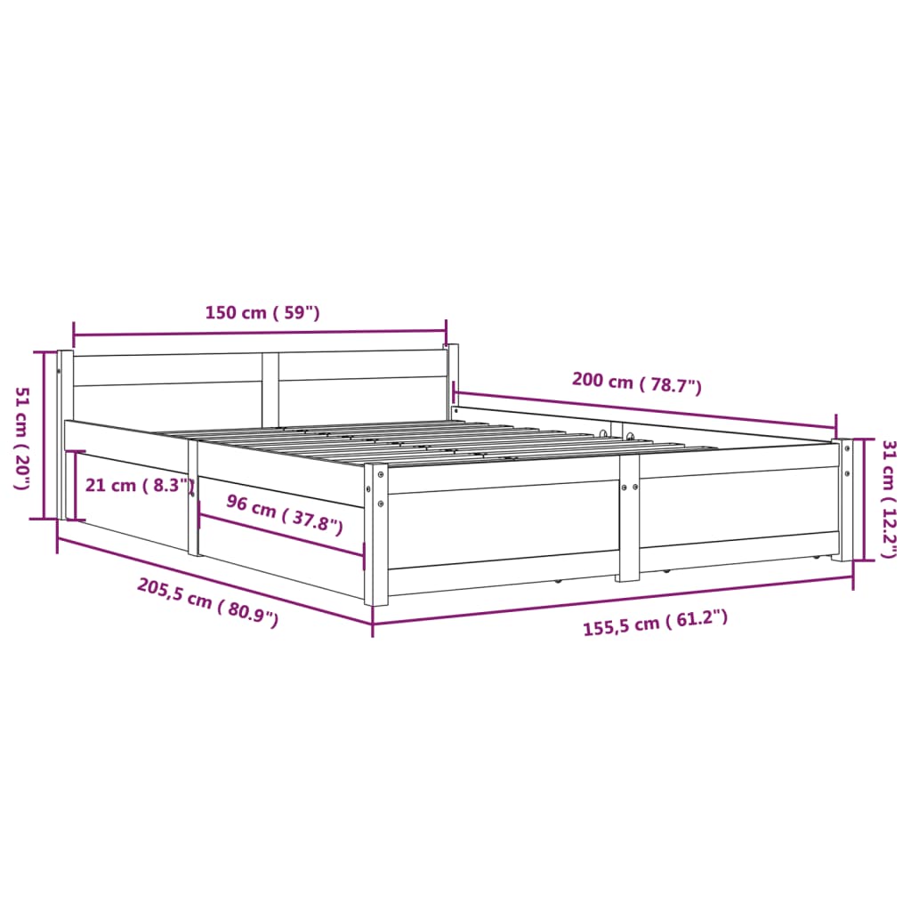 Okvir za krevet s ladicama 150 x 200 cm veliki bračni