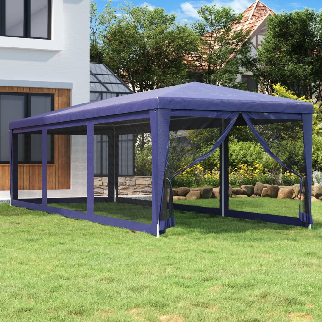 Šator za zabave s 8 mrežastih bočnih zidova plavi 3 x 9 m HDPE