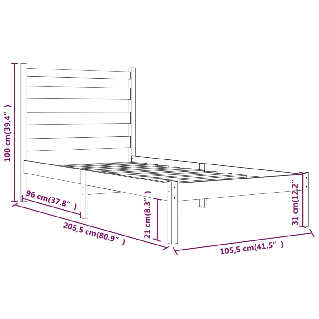Okvir za krevet od masivne borovine crni 100 x 200 cm