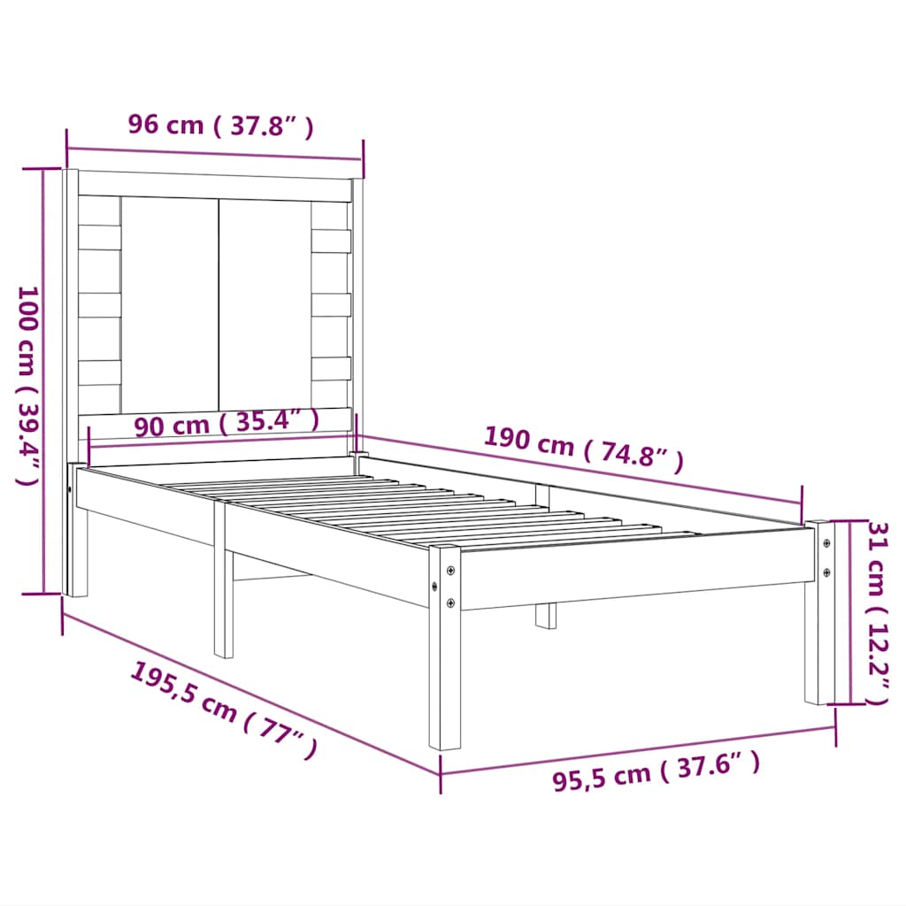 Okvir za krevet od masivnog drva 90 x 190 cm jednokrevetni
