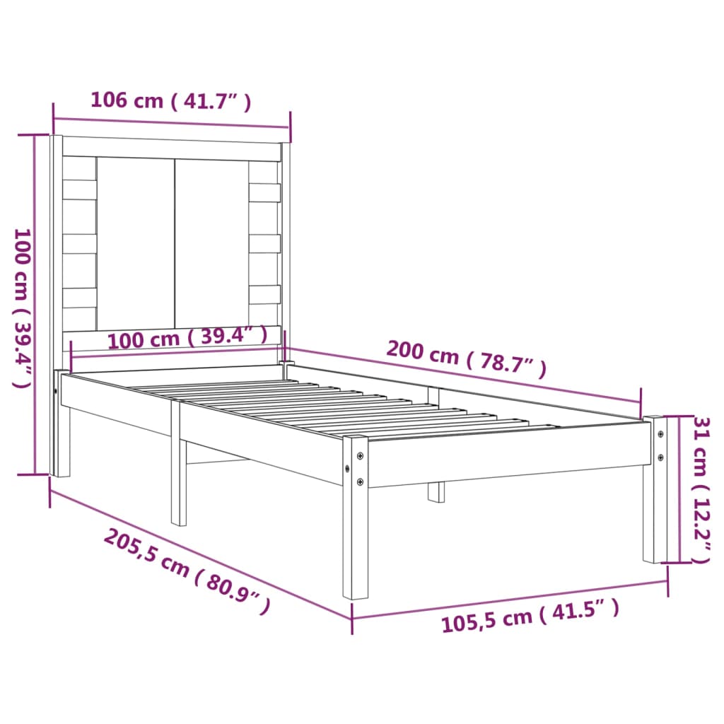 Okvir za krevet od masivne borovine crni 100 x 200 cm