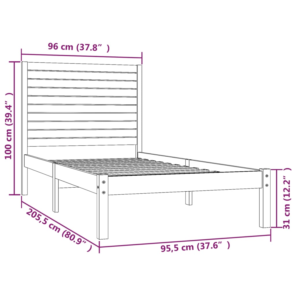 Okvir za krevet od masivne borovine bijeli 90 x 200 cm
