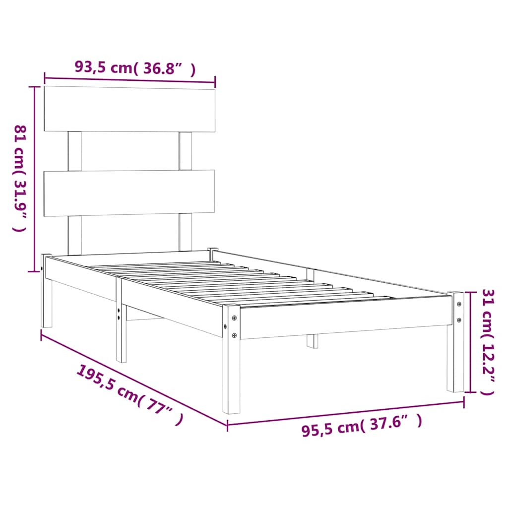 Okvir za krevet bijeli od masivnog drva 90 x 190 cm mali