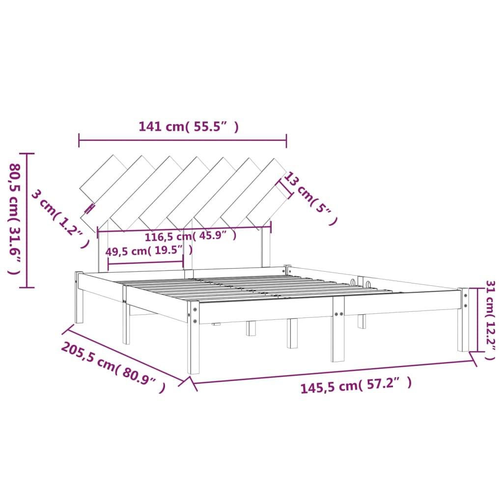 Okvir za krevet bijeli 140 x 200 cm od masivnog drva