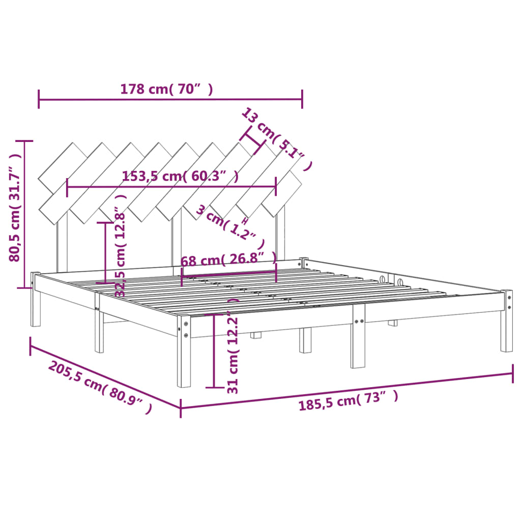 Okvir za krevet bijeli 180x200 cm bračni od masivnog drva