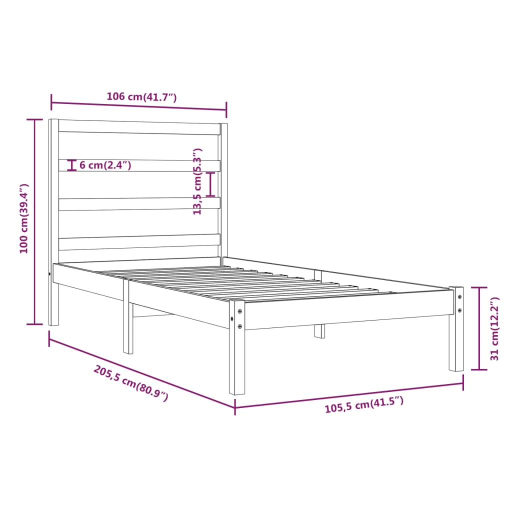 Okvir za krevet od masivne borovine crni 100 x 200 cm