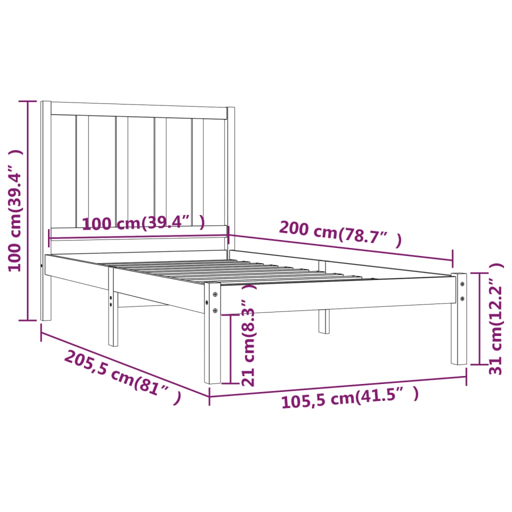 Okvir za krevet od masivne borovine crni 100 x 200 cm