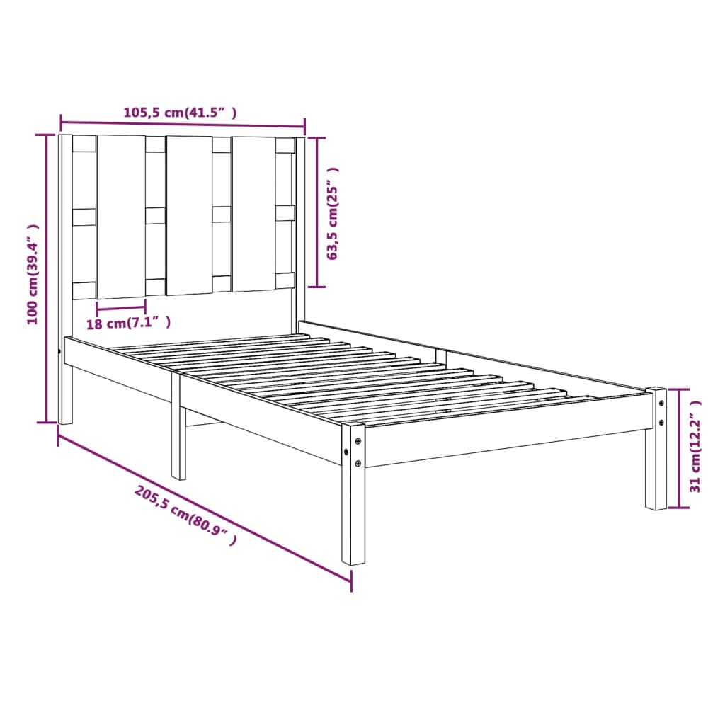 Okvir za krevet od masivne borovine crni 100 x 200 cm