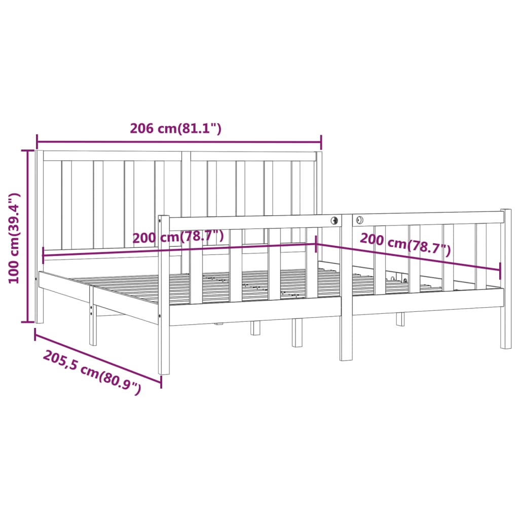 Okvir za krevet od masivnog drva crni 200 x 200 cm