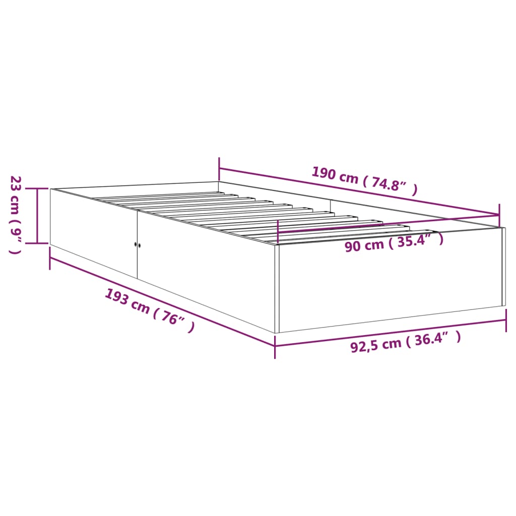 Okvir za krevet bijeli od masivnog drva 90 x 190 cm mali