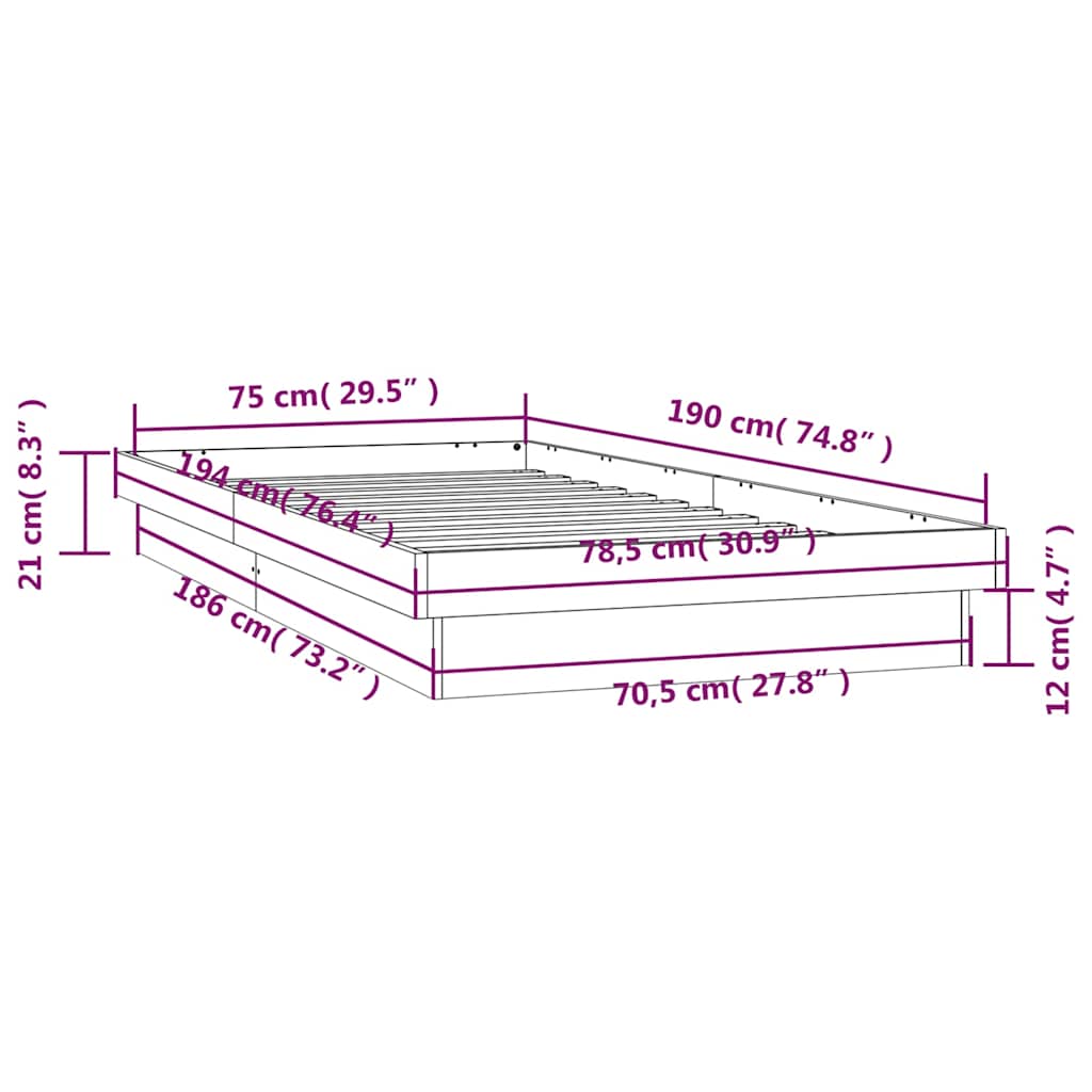 LED okvir kreveta bijeli 75x190 cm za jednu osobu masivno drvo
