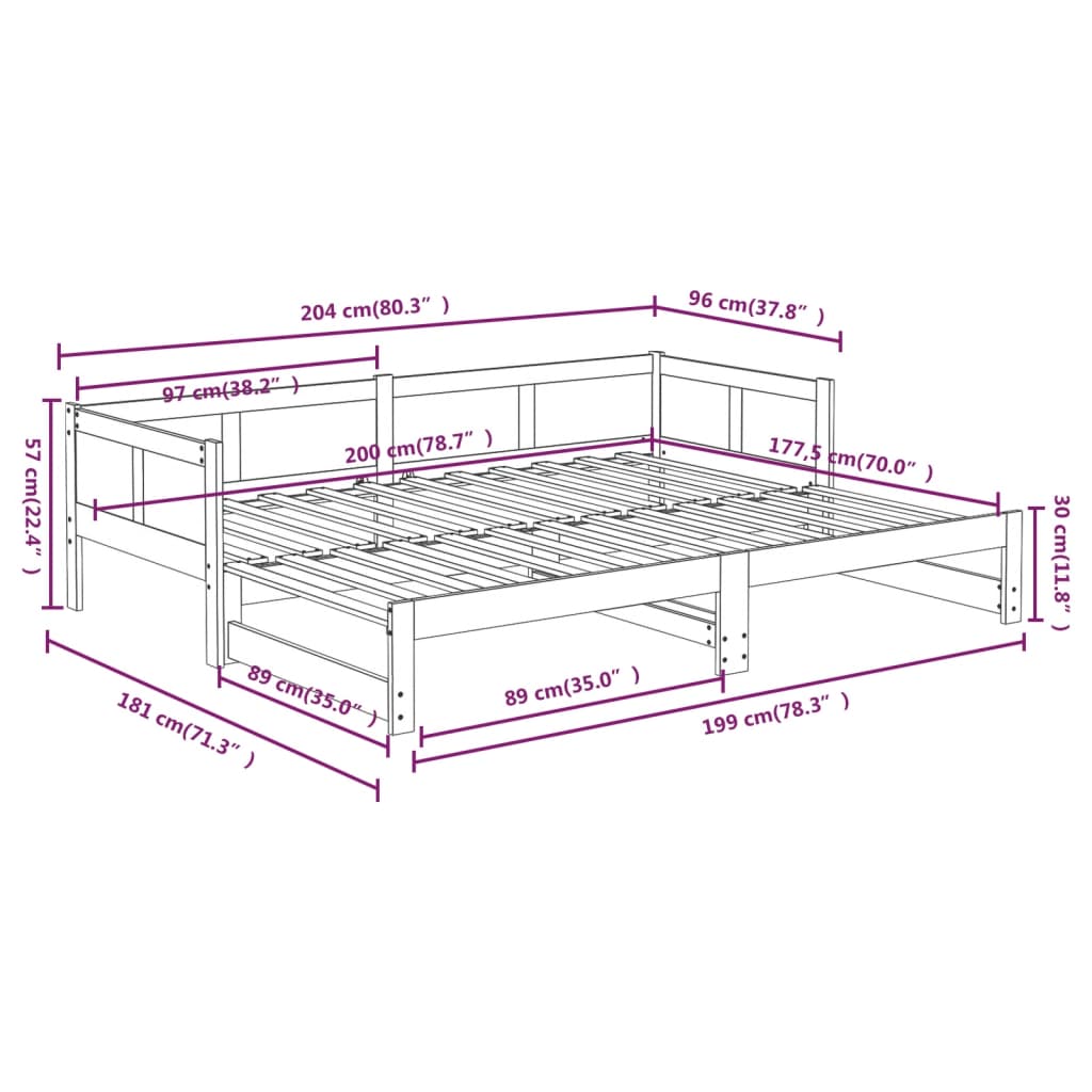 Dnevni ležaj na izvlačenje 2x(90x200) cm crni od borovine