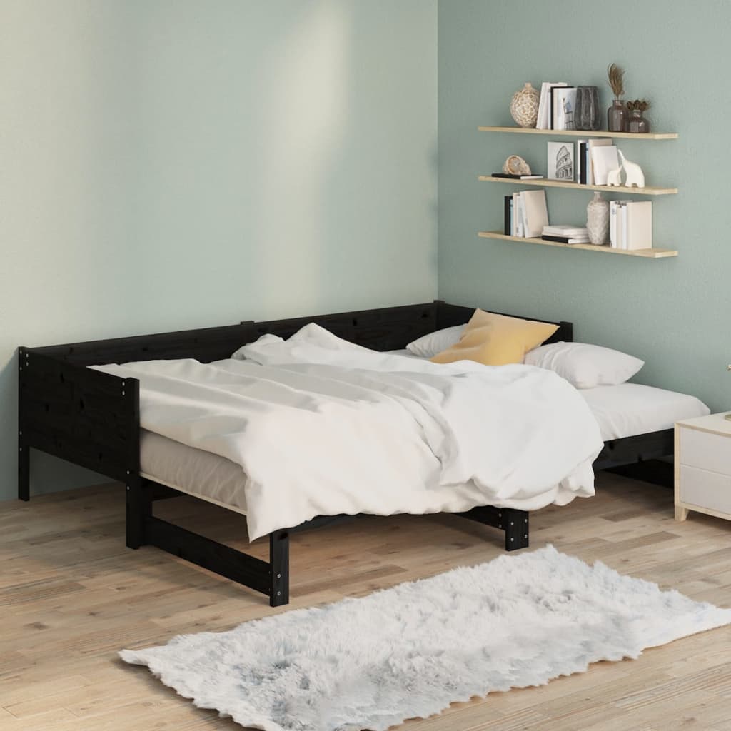 Dnevni ležaj na izvlačenje 2x(90x200) cm crni od borovine