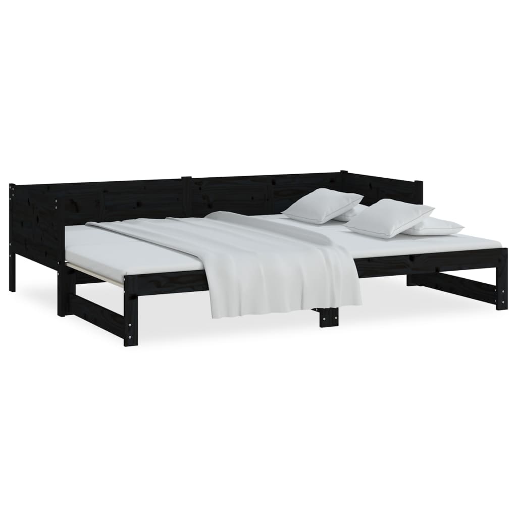 Dnevni ležaj na izvlačenje 2x(90x200) cm crni od borovine