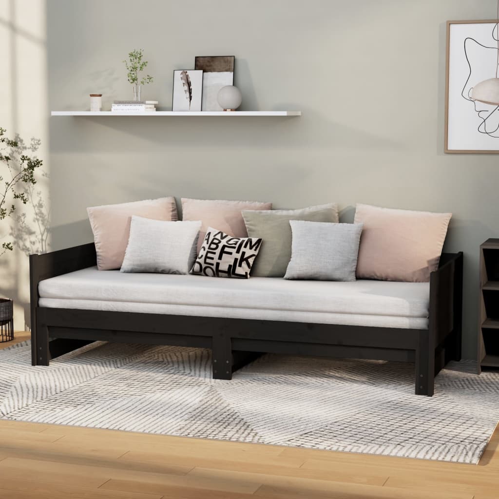 Dnevni ležaj na izvlačenje 2x(90x200) cm crni od borovine