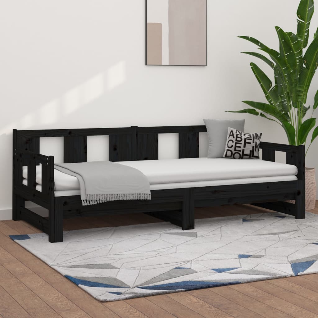 Dnevni ležaj na izvlačenje crni 2x (80x200) cm masivna borovina