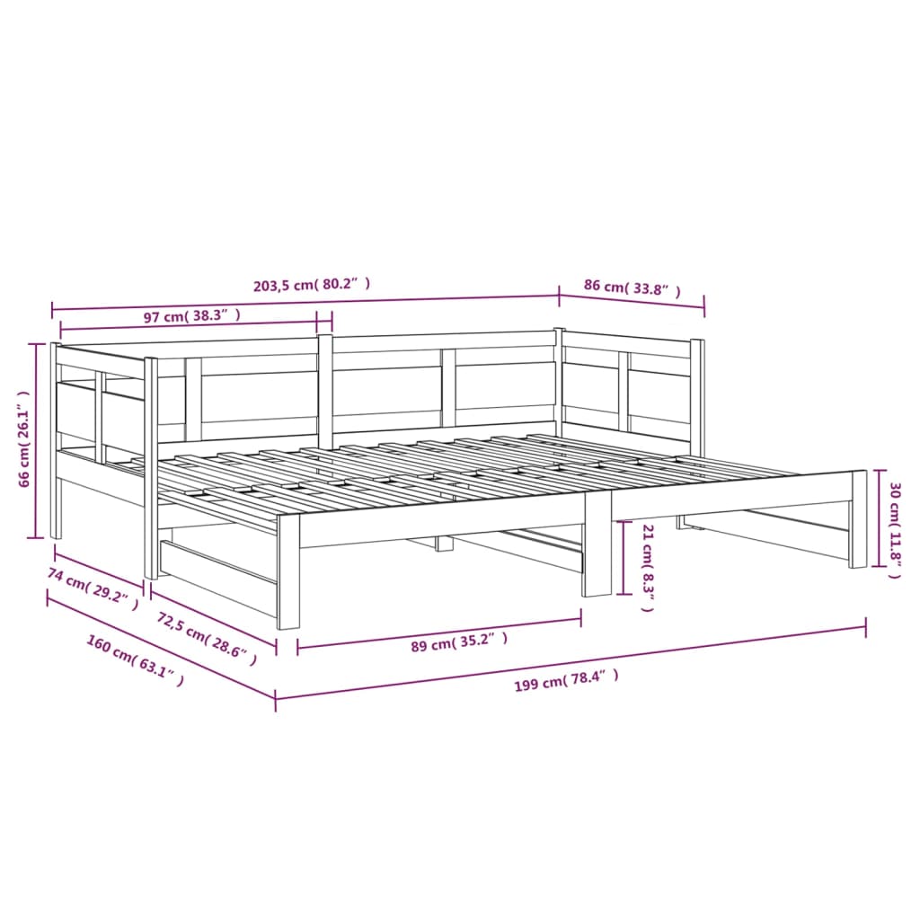 Dnevni krevet na izvlačenje masivna borovina 2x(80x200) cm