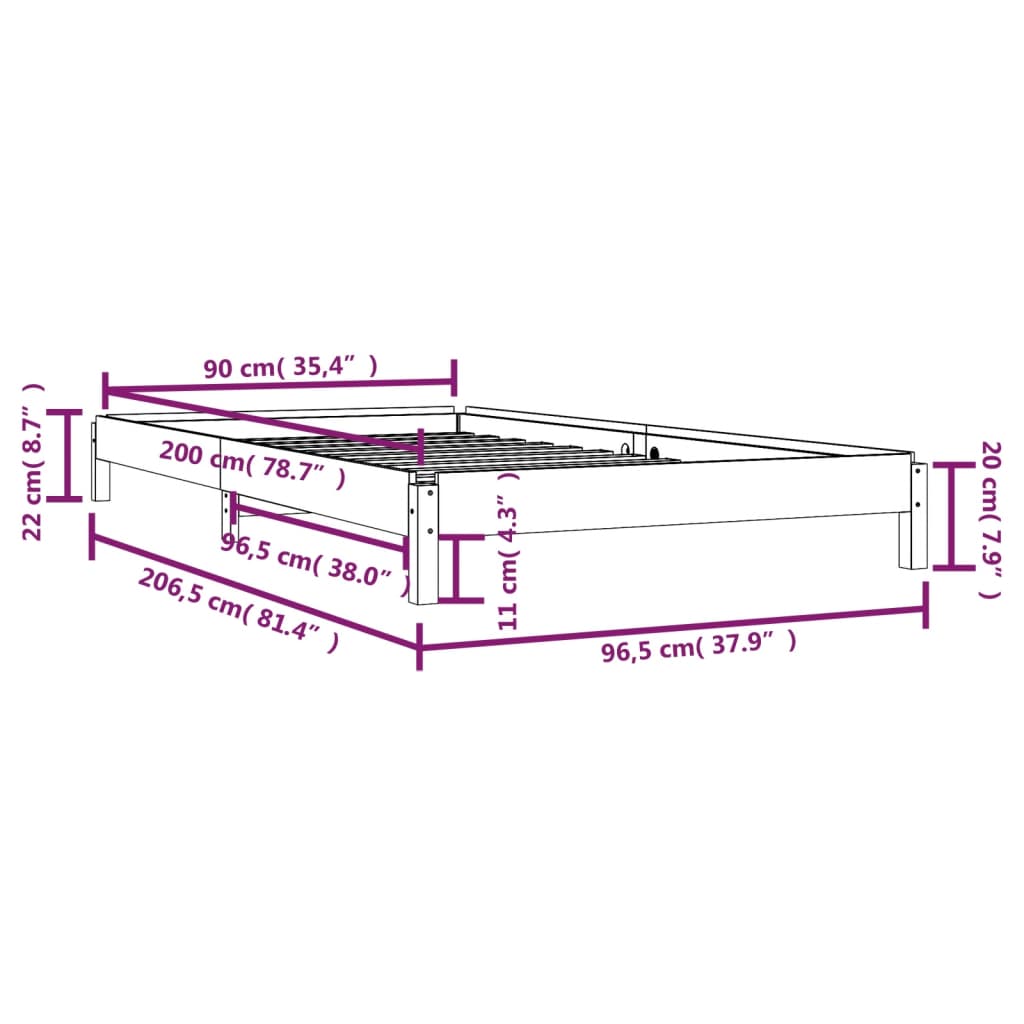 Složivi krevet crni 90x200 cm od masivne borovine