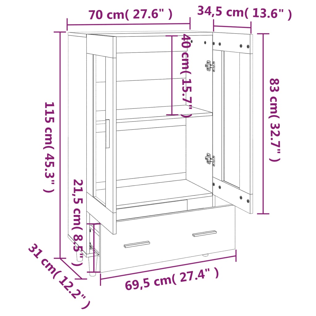 Visoka komoda boja hrasta sonome 70x31x115 cm konstruirano drvo