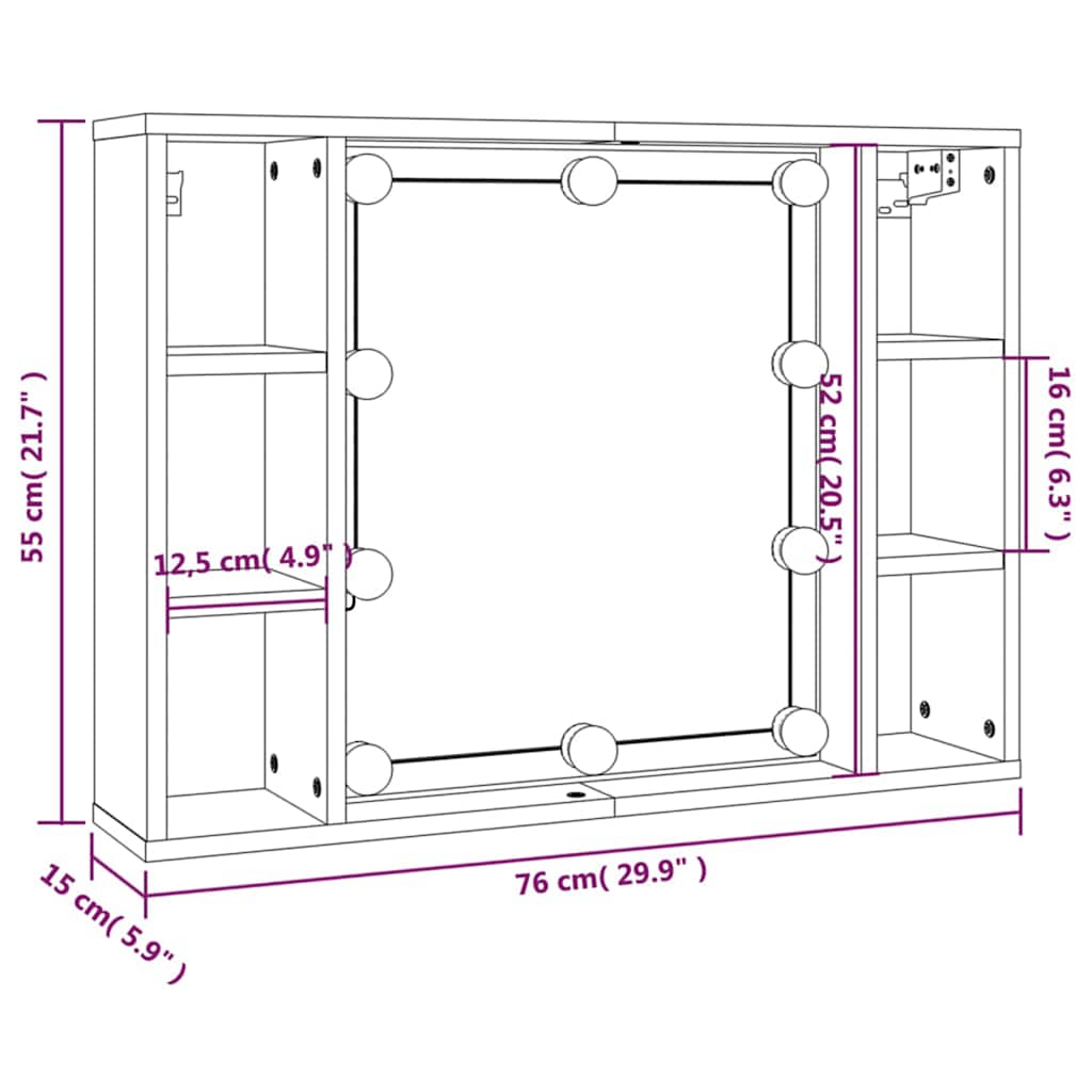 Ormarić s ogledalom LED boja dimljenog hrasta 76 x 15 x 55 cm