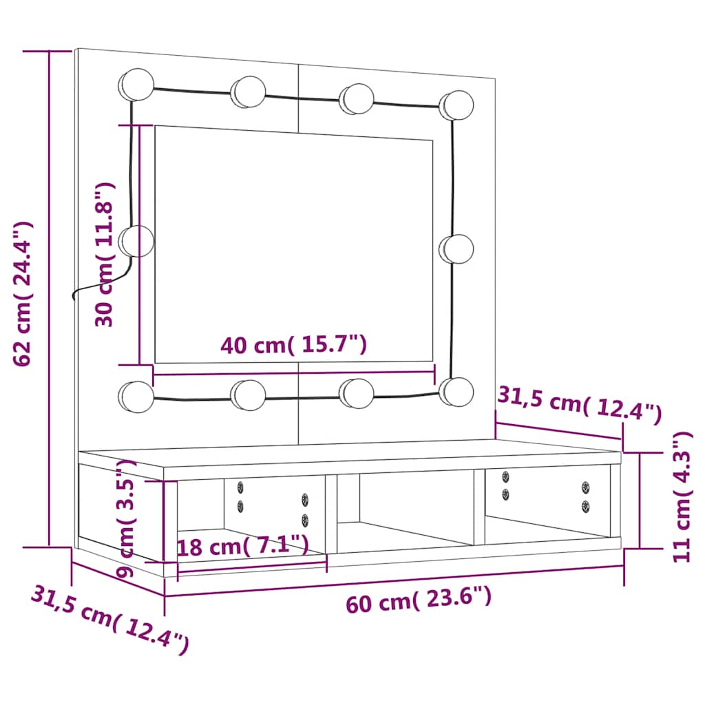 Ormarić s ogledalom LED boja hrasta sonome 60x31,5x62 cm