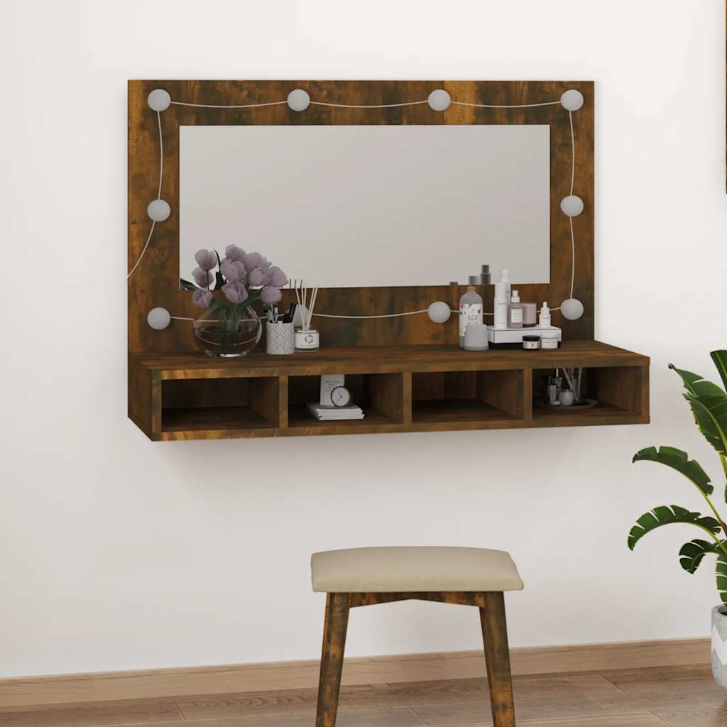 Ormarić s ogledalom LED boja dimljenog hrasta 90 x 31,5 x 62 cm