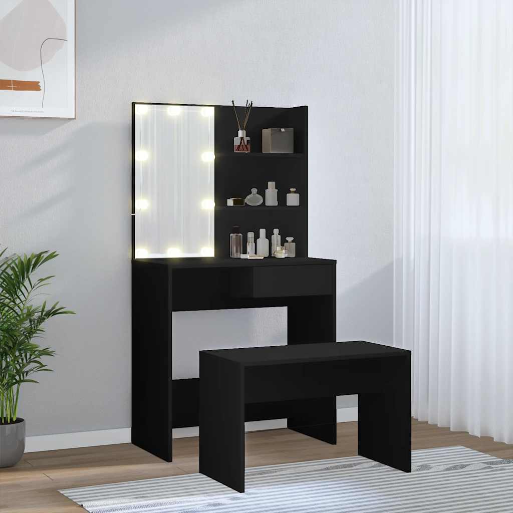 Set toaletnog stolića LED crni od konstruiranog drva