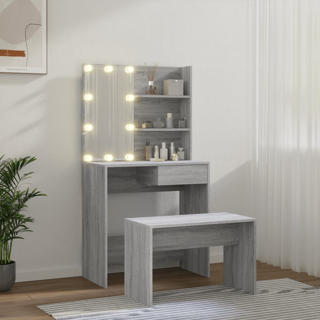 Set toaletnog stolića siva boja hrasta LED konstruirano drvo
