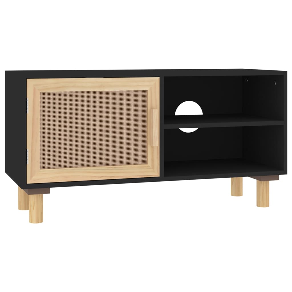 TV ormarić crni 80 x 30 x 40 cm od borovine i prirodnog ratana