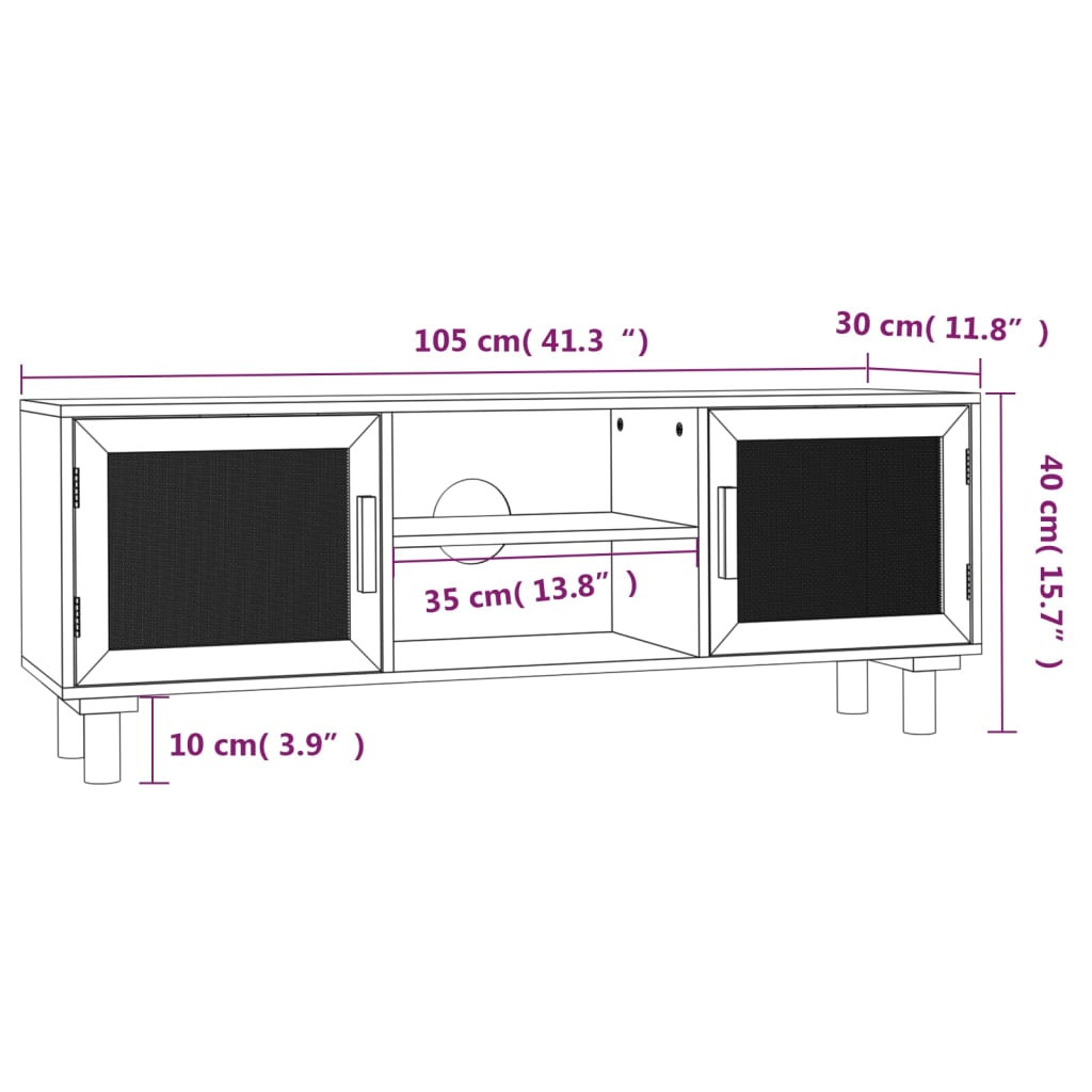 TV ormarić smeđi 105 x 30 x 40cm od borovine i prirodnog ratana
