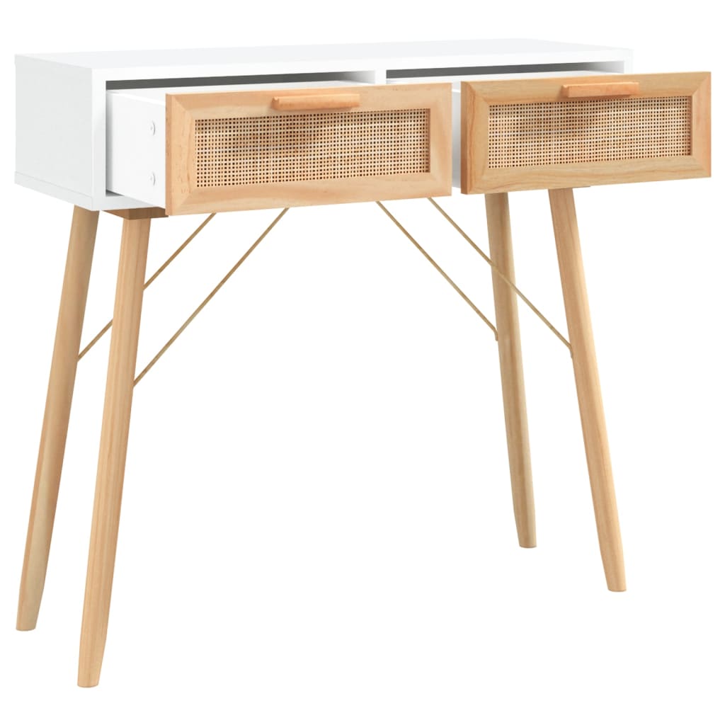 Konzolni stol bijeli 80x30x75 cm od borovine i prirodnog ratana