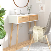 Konzolni stol bijeli 80x30x75 cm od borovine i prirodnog ratana