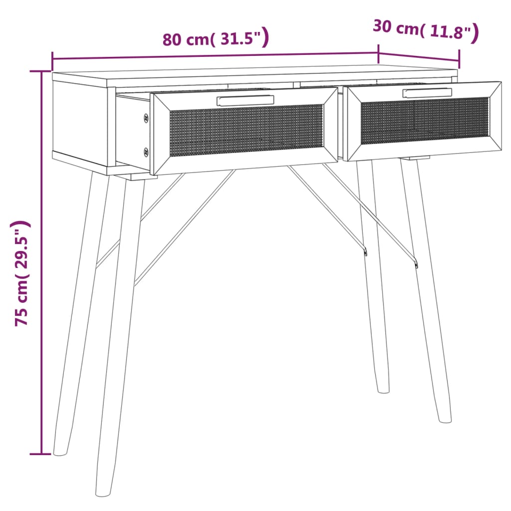 Konzolni stol crni 80x30x75 cm od borovine i prirodnog ratana