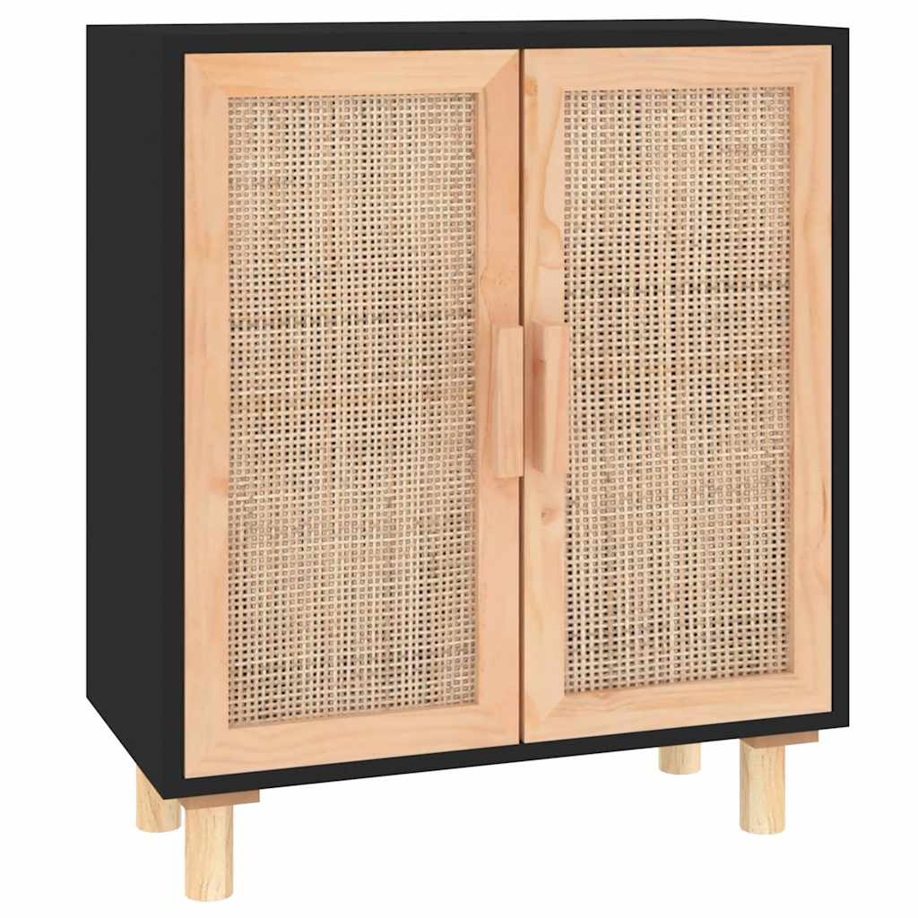Komoda crna 60 x 30 x 70 cm masivna borovina i prirodni ratan