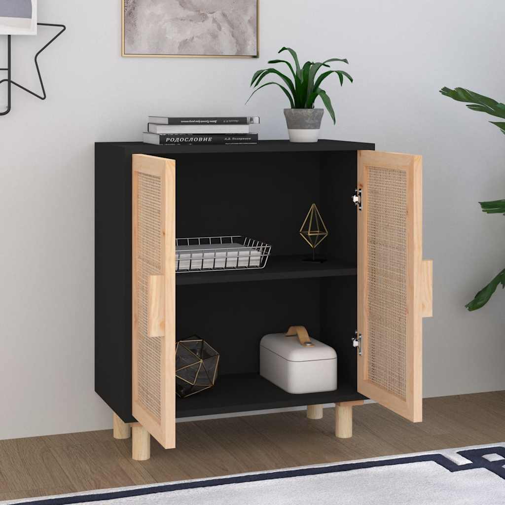 Komoda crna 60 x 30 x 70 cm masivna borovina i prirodni ratan