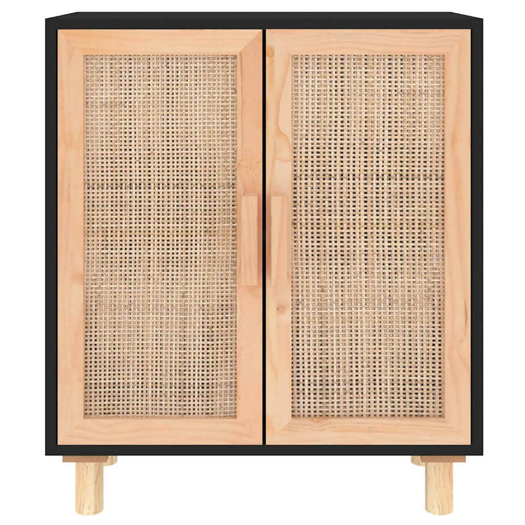 Komoda crna 60 x 30 x 70 cm masivna borovina i prirodni ratan